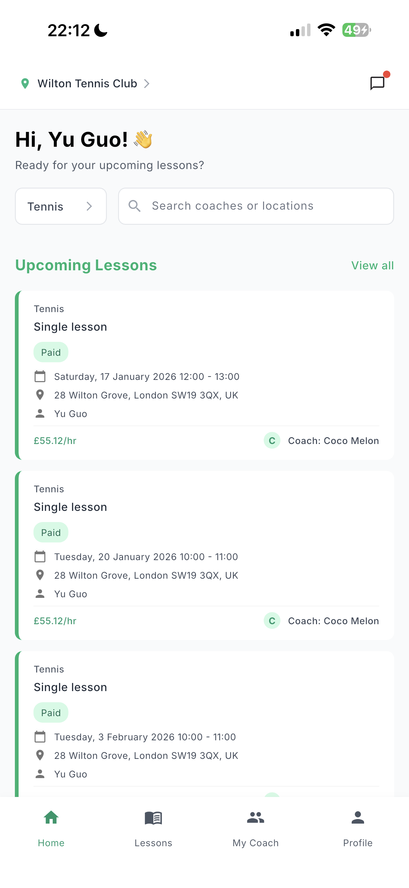 Volocoach App Interface for Learners - Booking Sports Lessons